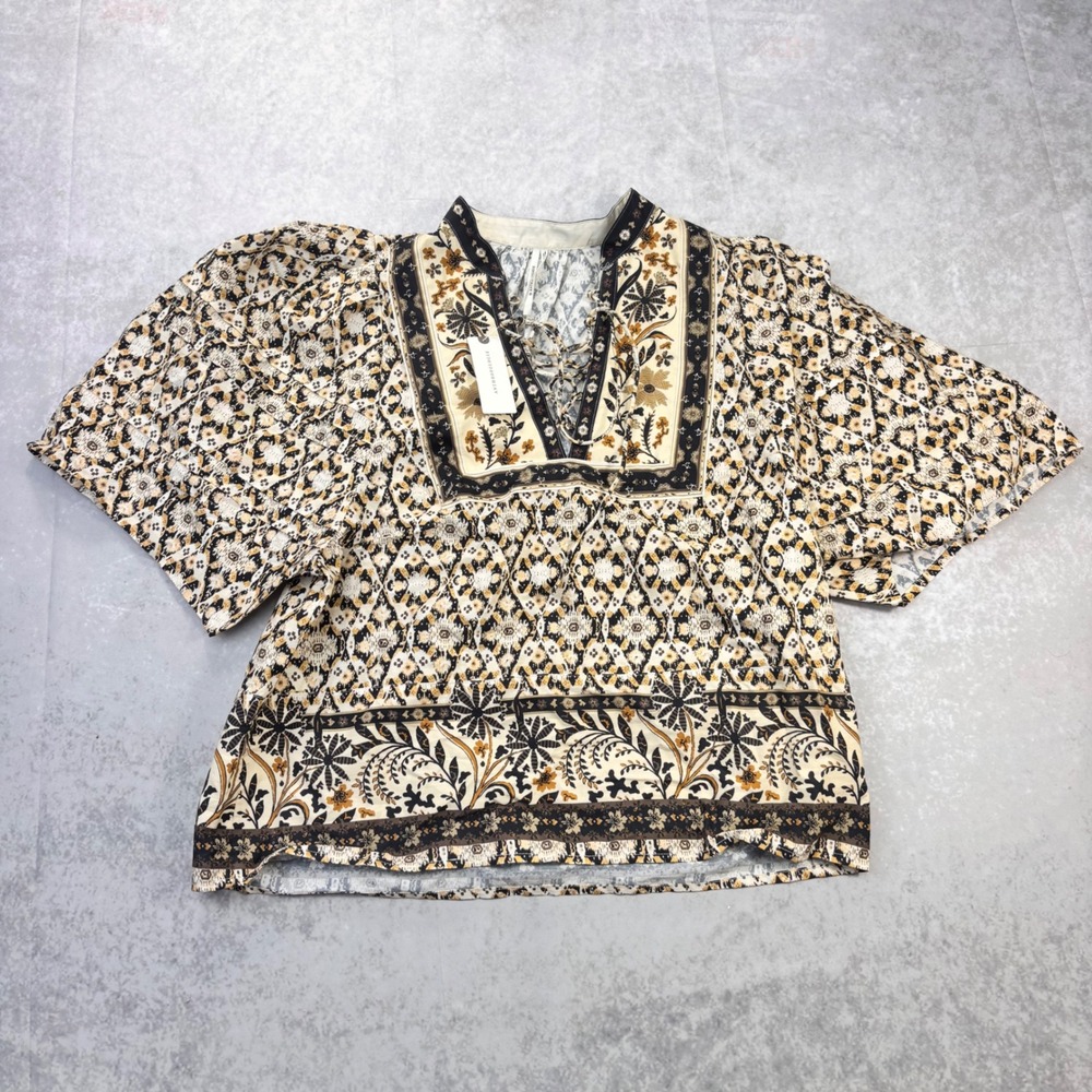 NWT By Anthropologie Puff Sleeve Lace-Up Blouse Women's Small Black Motif
